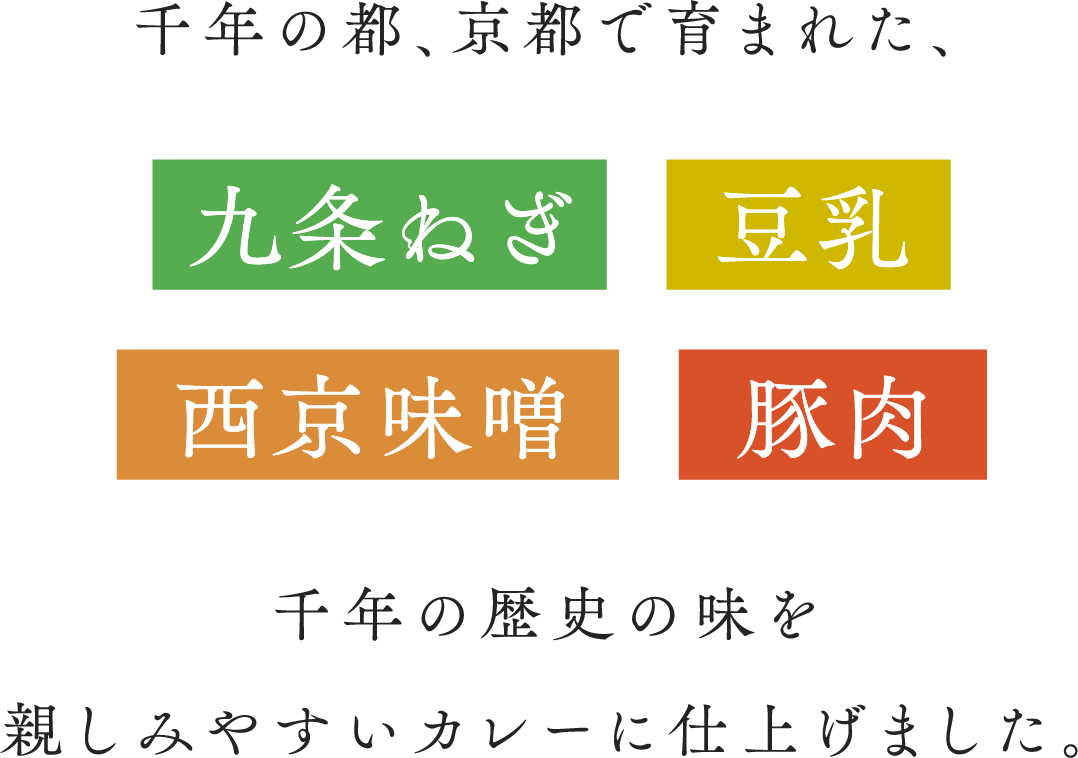 千年の都、京都で育まれた、九条ねぎ、豆乳、西京味噌、豚肉、千年の歴史の味を親しみやすいカレーに仕上げました。